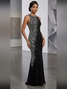 Elegant Black Beaded Evening Gown